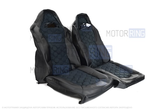 Обивка (не чехлы) сидений Recaro экокожа с алькантарой (цветная строчка Соты) для ВАЗ 2110, Лада Приора седан