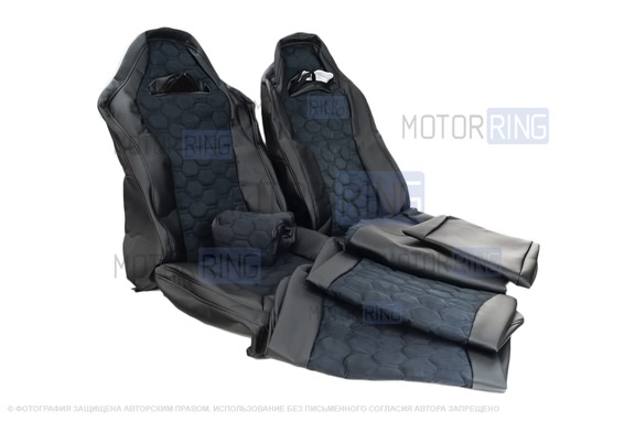 Обивка (не чехлы) сидений Recaro экокожа с алькантарой (цветная строчка Соты) для ВАЗ 2110, Лада Приора седан