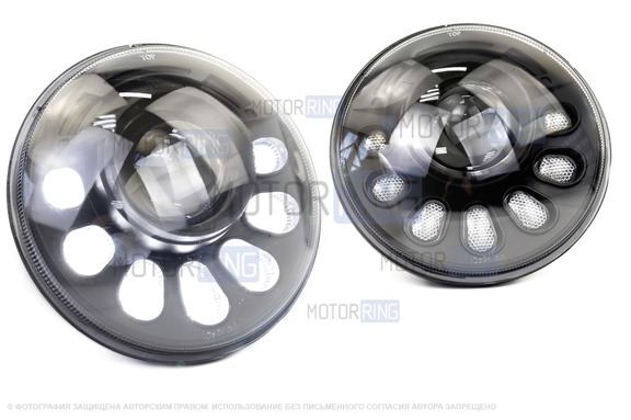 Светодиодные фары Sal-Man 90W 5800-7200lux, 7 дюймов с линзой, динамическим повторителем поворотника и ДХО для ВАЗ 2101, 2102, Лада 4х4, Нива Легенд