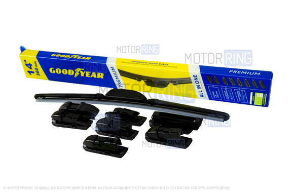 Бескаркасная щетка стеклоочистителя всесезонная Goodyear PREMIUM 14"/36 см (8 адаптеров)