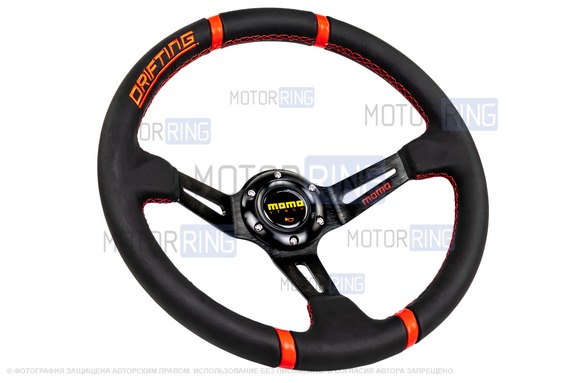 Спортивный руль MOMO Drifting Black обод из экокожи с красными кольцами для ВАЗ 2101-2115, Лада Калина, Гранта, Приора, 4х4, Нива Легенд, Нива Тревел, Шевроле Нива