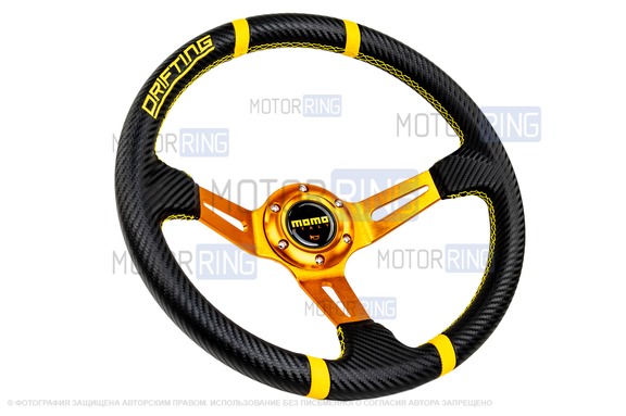 Спортивный руль MOMO Drifting Yellow обод под карбон с желтыми кольцами для ВАЗ 2101-2115, Лада Калина, Гранта, Приора, 4х4, Нива Легенд, Нива Тревел, Шевроле Нива