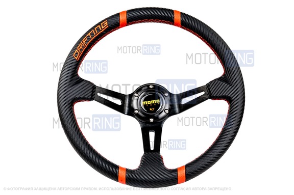 Спортивный руль MOMO Drifting Black обод под карбон с красными кольцами для ВАЗ 2101-2115, Лада Калина, Гранта, Приора, 4х4, Нива Легенд, Нива Тревел, Шевроле Нива
