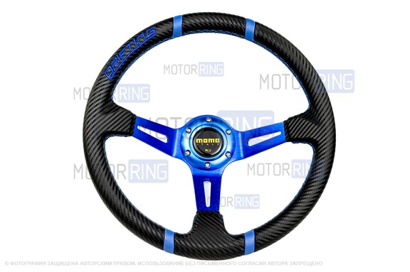 Спортивный руль MOMO Drifting Blue обод под карбон с синими кольцами для ВАЗ 2101-2115, Лада Калина, Гранта, Приора, 4х4, Нива Легенд, Нива Тревел, Шевроле Нива