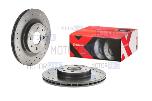 Вентилируемые окрашенные тормозные диски BREMBO XTRA R14 без насечек, с перфорацией для ВАЗ 2110-2112, Лада Гранта, Гранта FL, Калина, Калина 2, Приора, Датсун
