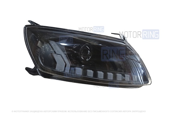 Правая фара ML с Bi-LED линзой, маской Audi-Style с динамическим розжигом ДХО и поворотником для Лада Гранта