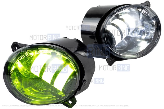 Диодные ПТФ Sal-Man Lime двухцветные (бело-синий 6000К и Лайм) 50W 4600lux для Лада Калина, Калина 2, Гранта, Ларгус, Датсун до 2019 г.в., УАЗ Патриот