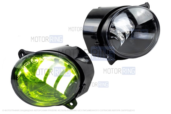 Диодные ПТФ Sal-Man Lime двухцветные (бело-синий 6000К и Лайм) 50W 4600lux для Лада Калина, Калина 2, Гранта, Ларгус, Датсун до 2019 г.в., УАЗ Патриот