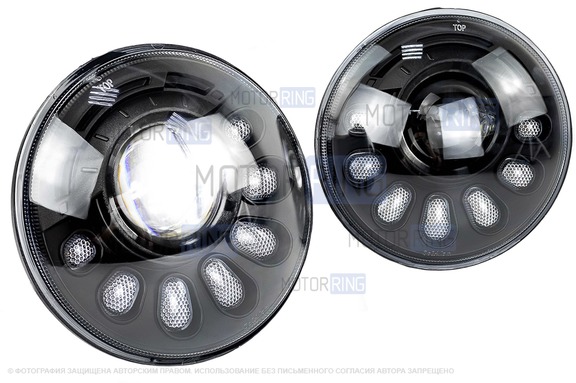 Светодиодные фары Sal-Man 90W 5800-7200lux, 7 дюймов с линзой, динамическим повторителем поворотника и ДХО для ВАЗ 2101, 2102, Лада 4х4, Нива Легенд