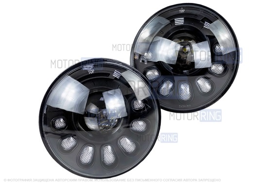 Светодиодные фары Sal-Man 90W 5800-7200lux, 7 дюймов с линзой, динамическим повторителем поворотника и ДХО для ВАЗ 2101, 2102, Лада 4х4, Нива Легенд