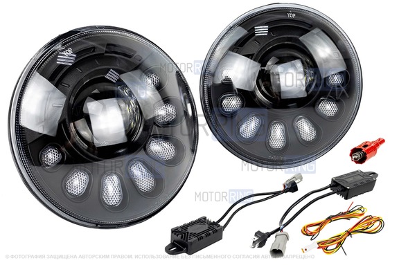 Светодиодные фары Sal-Man 90W 5800-7200lux, 7 дюймов с линзой, динамическим повторителем поворотника и ДХО для ВАЗ 2101, 2102, Лада 4х4, Нива Легенд