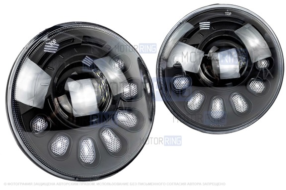 Светодиодные фары Sal-Man 90W 5800-7200lux, 7 дюймов с линзой, динамическим повторителем поворотника и ДХО для ВАЗ 2101, 2102, Лада 4х4, Нива Легенд