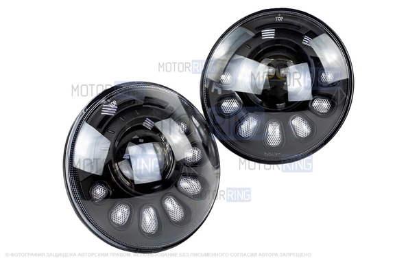 Светодиодные фары Sal-Man 90W 5800-7200lux, 7 дюймов с линзой, динамическим повторителем поворотника и ДХО для ВАЗ 2101, 2102, Лада 4х4, Нива Легенд