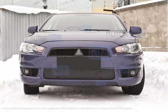 Зимняя заглушка решетки переднего бампера Русская Артель для Mitsubishi Lancer 10 2007-2010 г.в.