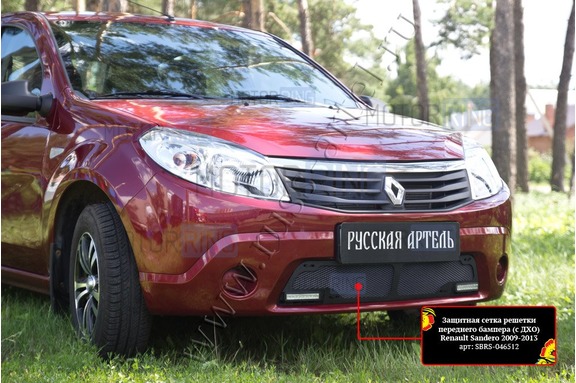 Защитная сетка решетки переднего бампера Русская Артель для Renault Sandero 2009-2013 г.в. с ДХО