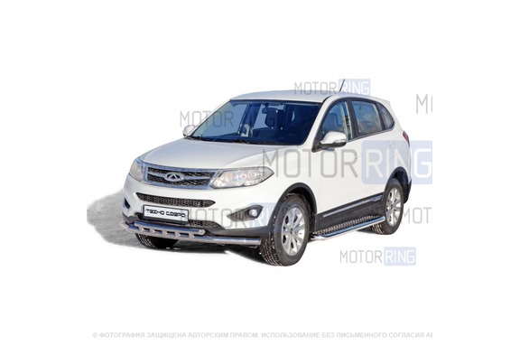 Защита порогов ТехноСфера стальная c алюминиевыми накладками d63 для Chery Tiggo 5 2014-2016 г.в.
