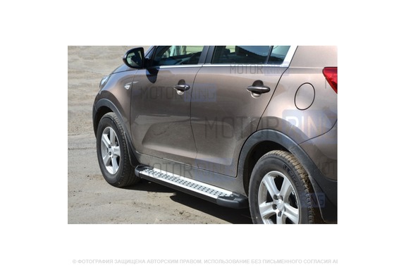 Защита порогов ТехноСфера Бумер алюминиевая с резинкой d63,5 для KIA Sportage 2014-2016 г.в.